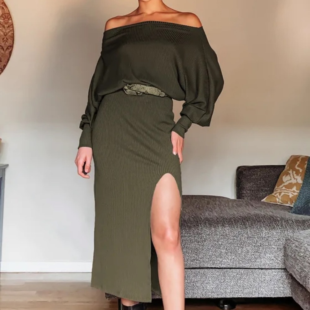 Olive Green Off-the-Shoulder Midi Dress